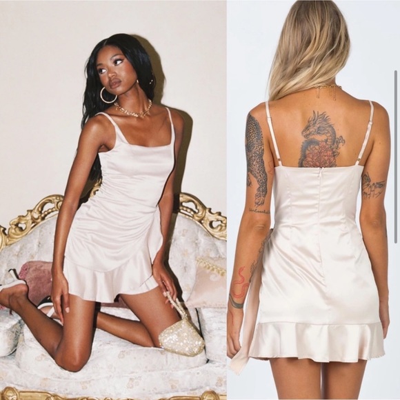 Princess Polly Cottage Hill Ruffle Wrap Satin Mini Dress Champagne - Picture 3 of 12